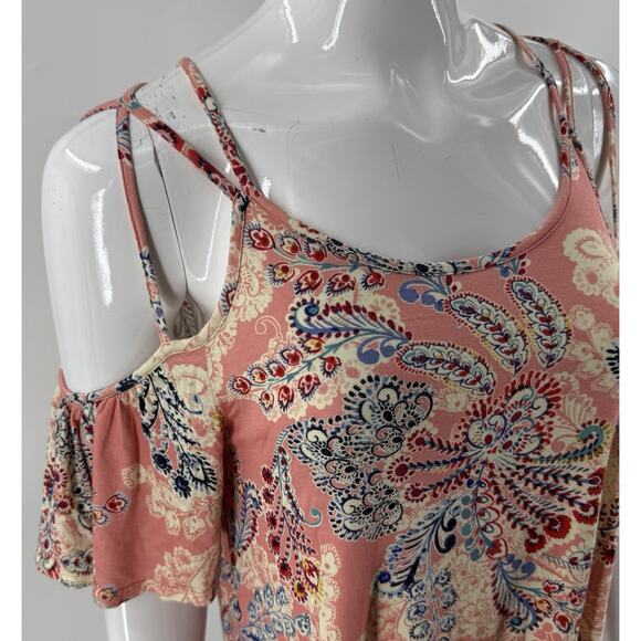 Daytrip Cold Shoulder Top Size Medium Pink Blue Paisley Print Ruffle Sleeve - Picture 2 of 7